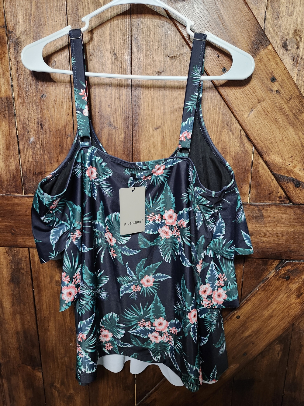 Black Tropical Floral Swim Tankini Top